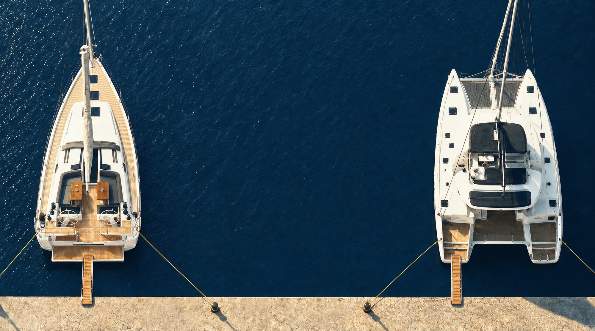 Two of our boats moored stern-to at a stone pier, seen from above