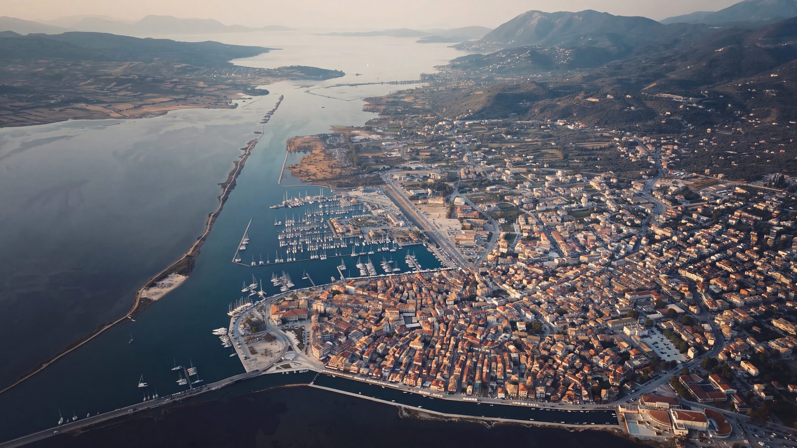 Lefkas Marina and the canal at dusk