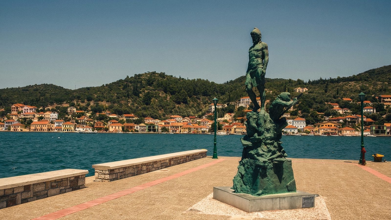 The bronze statue of Odysseus on the Vathy waterfront, the town behind it