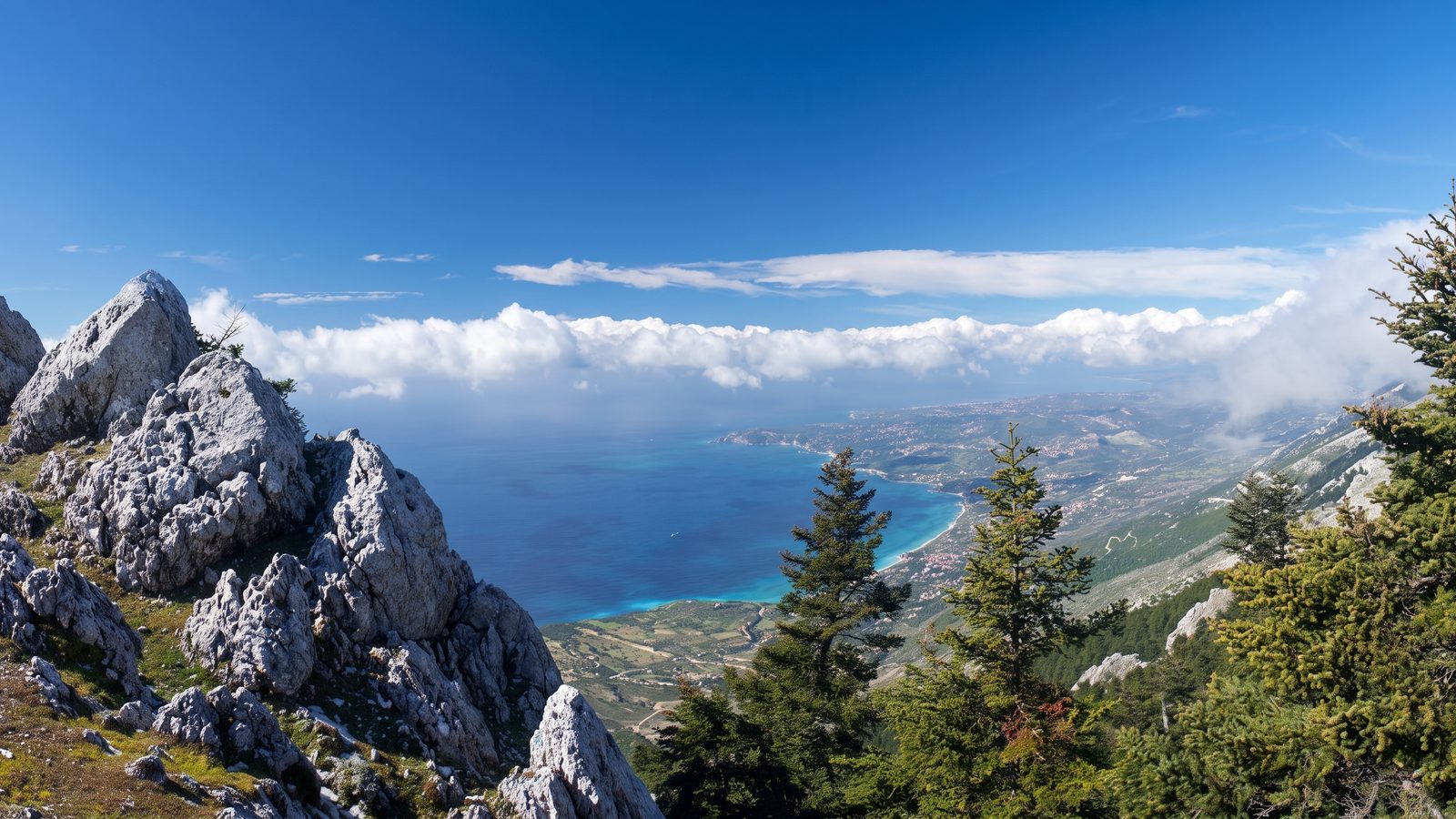 The view from Mount Ainos over the fir forest to the coast of Kefalonia