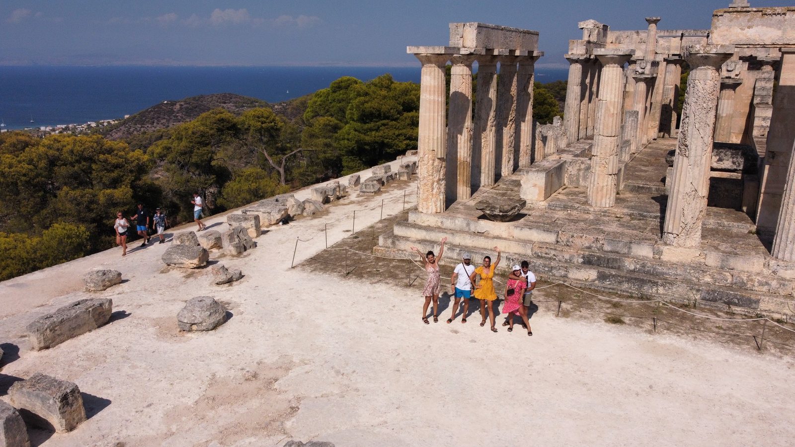 The group at the Temple of Aphaia, columns above the pine ridge and the sea