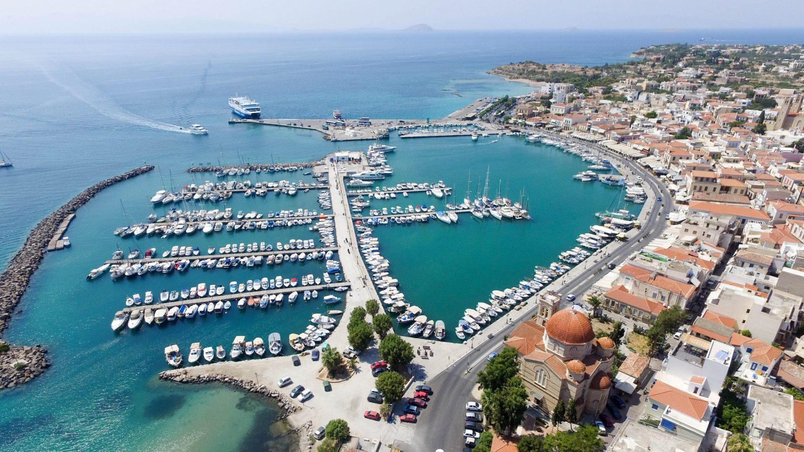 Aegina harbour from the air as the boat leaves for the last leg